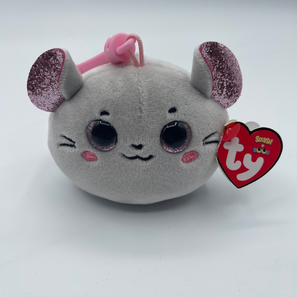 Ty Squish-a-Boos Catnip the Mouse Plush Clip Grey Pink Glitter 3 inch NWT